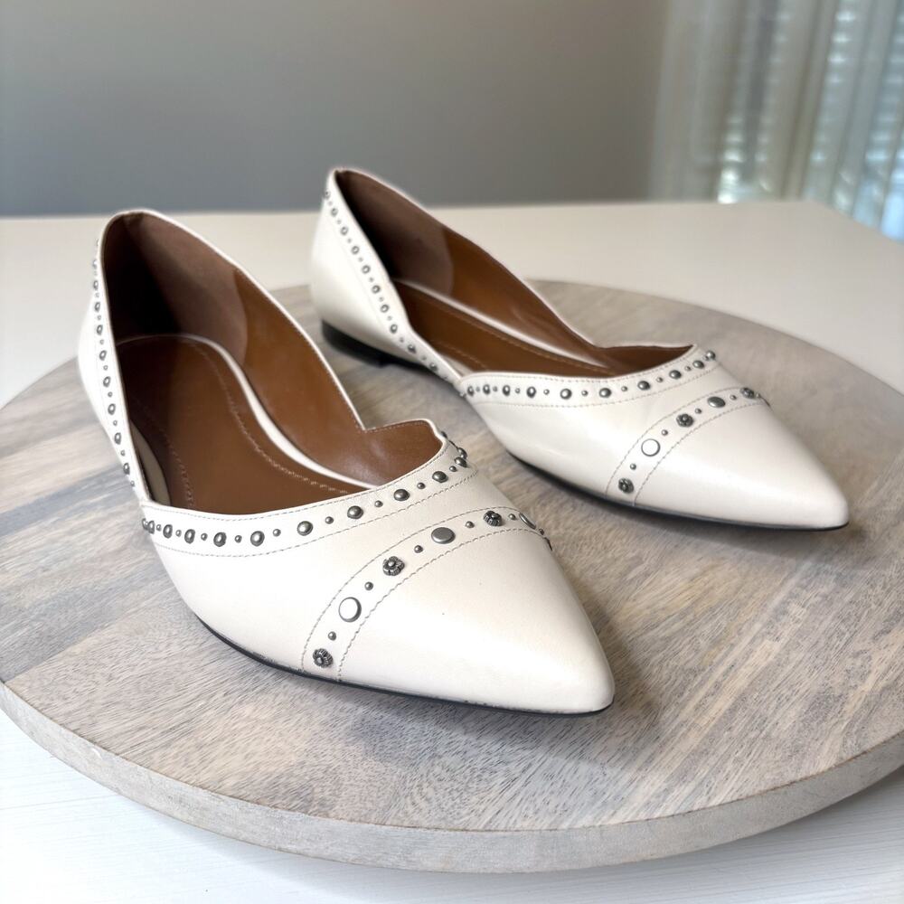Coach Women's Valintina Pointed White Leather Flat Studded Shoes US Size 10 B